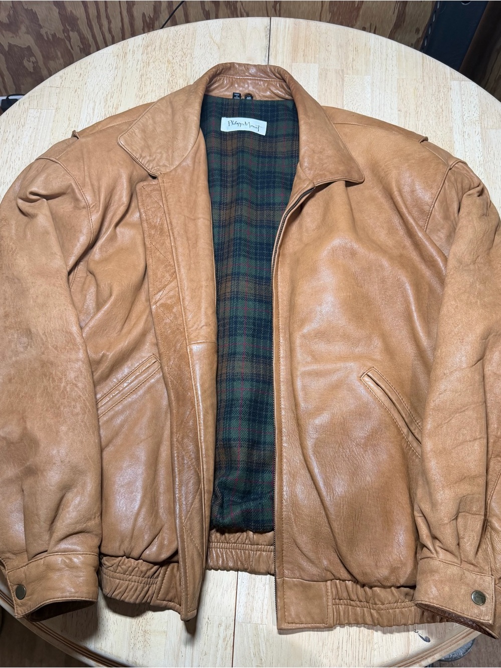 Vintage Philippe Monet Buttery Leather Bomber Jacket Mens 46 Tan Plaid Lined